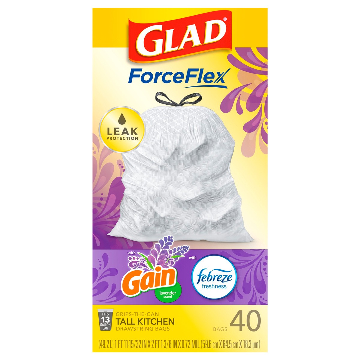 slide 1 of 7, Glad Force Flex Drawstring Gain Lavender Odor Shield 13 gal 40ct, 40 ct
