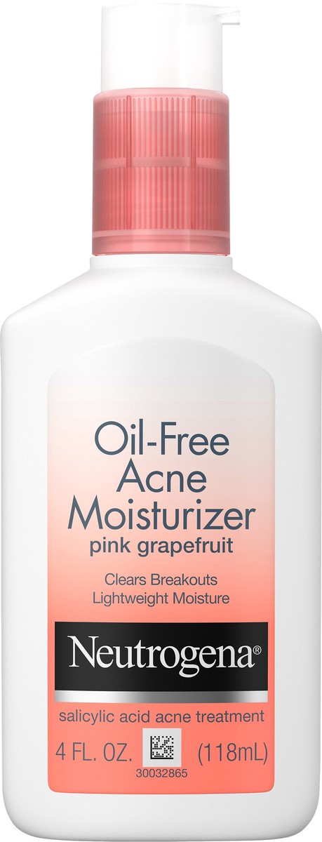 slide 4 of 7, Neutrogena Oil Free Acne Facial Moisturizer with.5% Salicylic Acid Acne Treatment, Pink Grapefruit Acne Fighting Face Lotion for Breakouts, Non-Greasy & Non-Comedogenic, 4 fl. oz, 4 fl oz