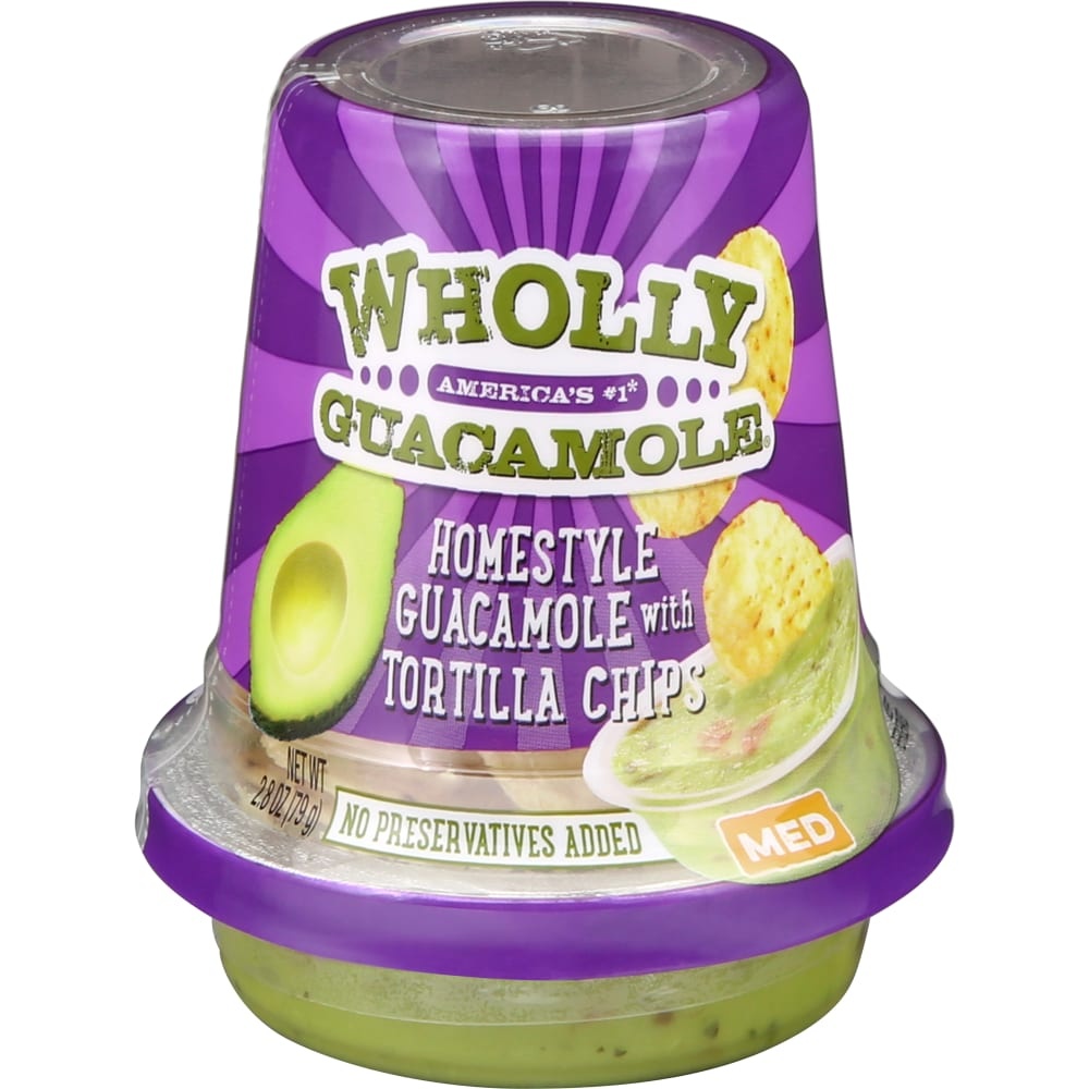 slide 1 of 1, Wholly Guacamole Homestyle Medium Guacamole With Tortilla Chips Snack Cup, 2.8 oz