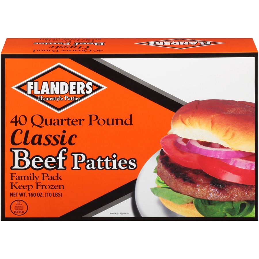 slide 1 of 8, Flanders Beef Patty, 160 oz