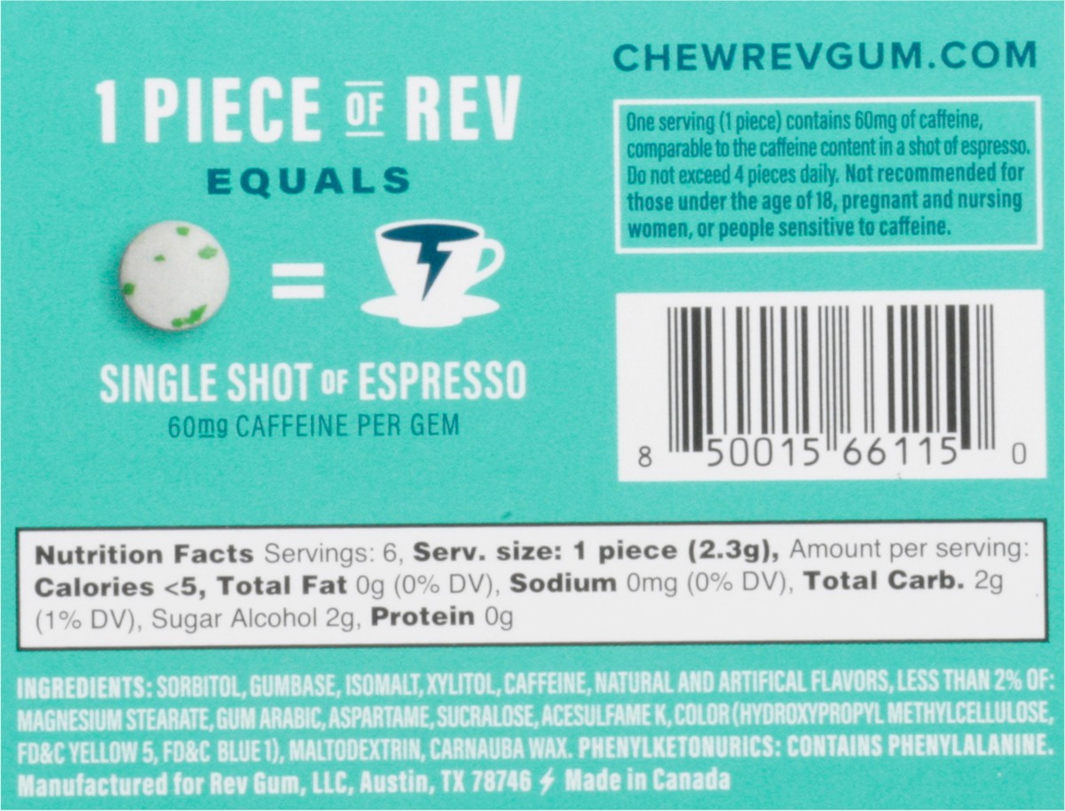 slide 3 of 9, Rev Sugar Free Regular Strength Spearmint Energy Gum 6 ea, 6 ct