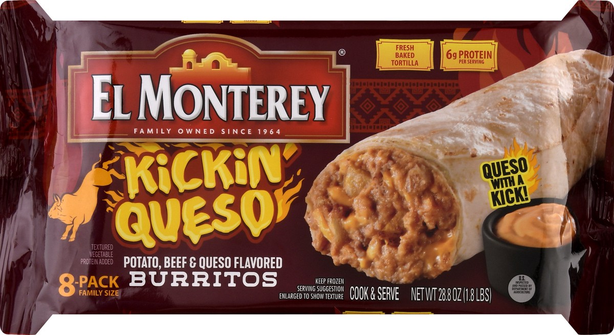 slide 5 of 12, El Monterey 8-Pack Family Size Kickin' Queso Burritos 8 oz, 8 ct