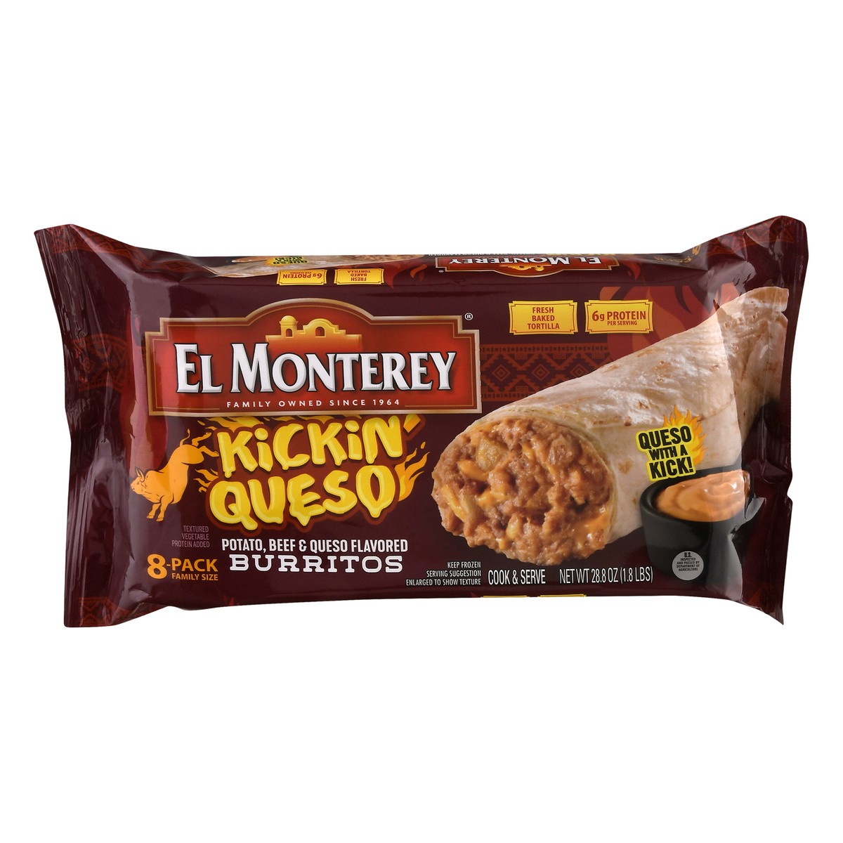 slide 1 of 12, El Monterey 8-Pack Family Size Kickin' Queso Burritos 8 oz, 8 ct