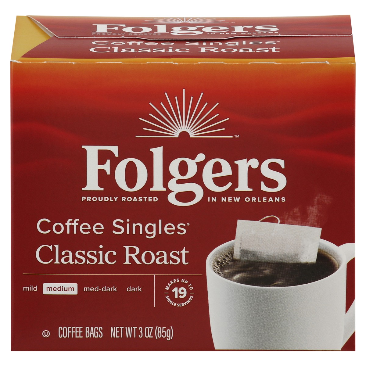 slide 1 of 1, Folgers Coffee Singles Classic Roast Coffee Bags, 19 Count, 19 ct