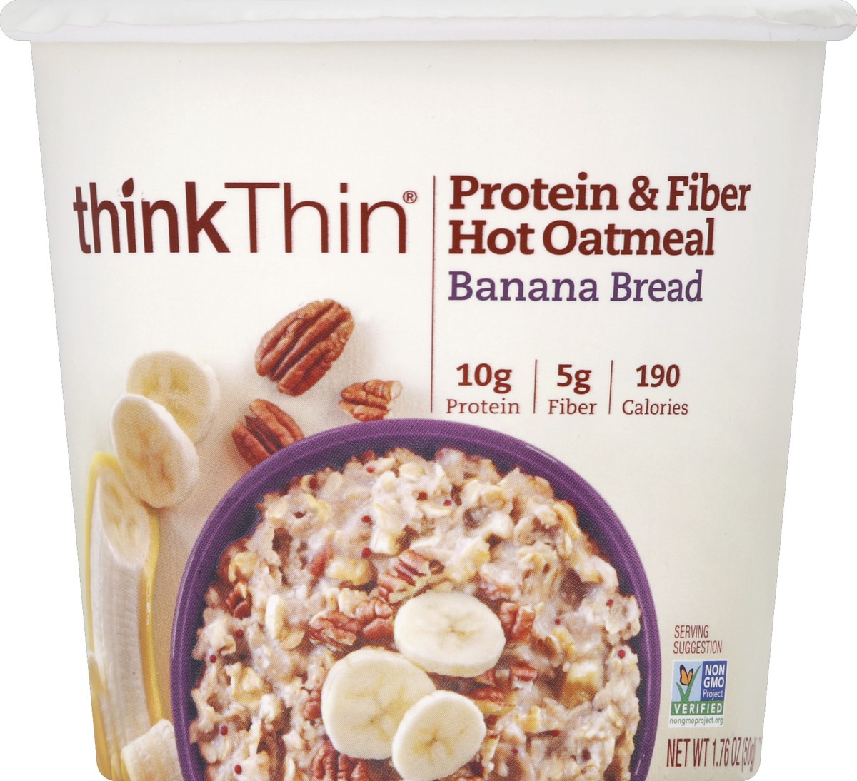 slide 2 of 3, thinkThin Protein & Fiber Hot Oatmeal - Banana Bread, 1.76 oz