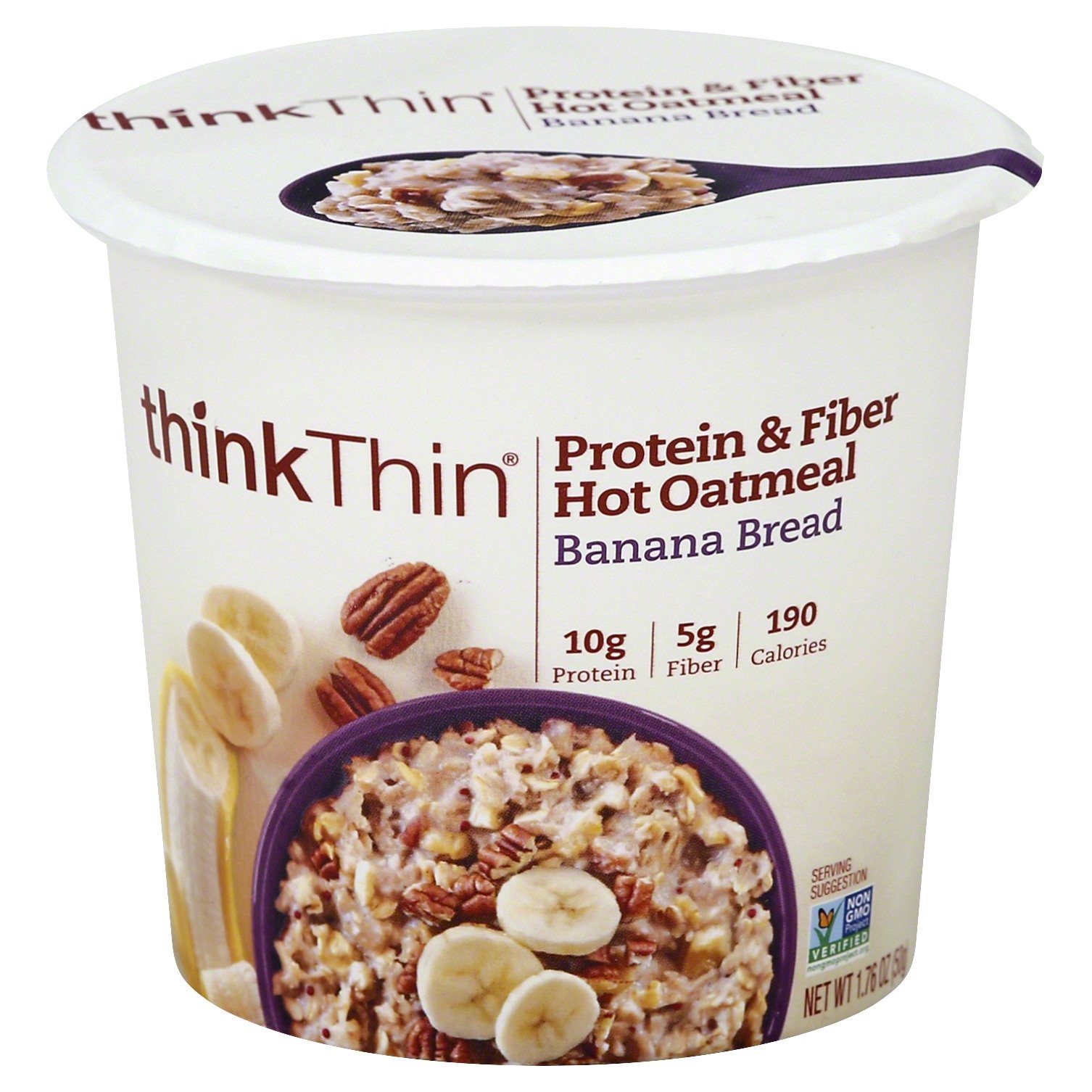 slide 1 of 3, thinkThin Protein & Fiber Hot Oatmeal - Banana Bread, 1.76 oz