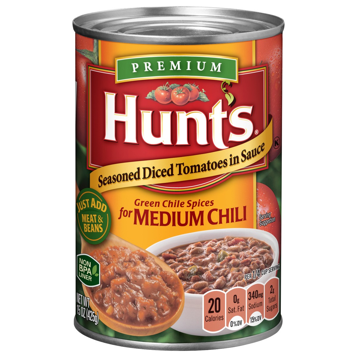 slide 1 of 1, Hunt's Premium Seasoned Medium Chili Diced Tomatoes in Sauce 15 oz, 15 oz