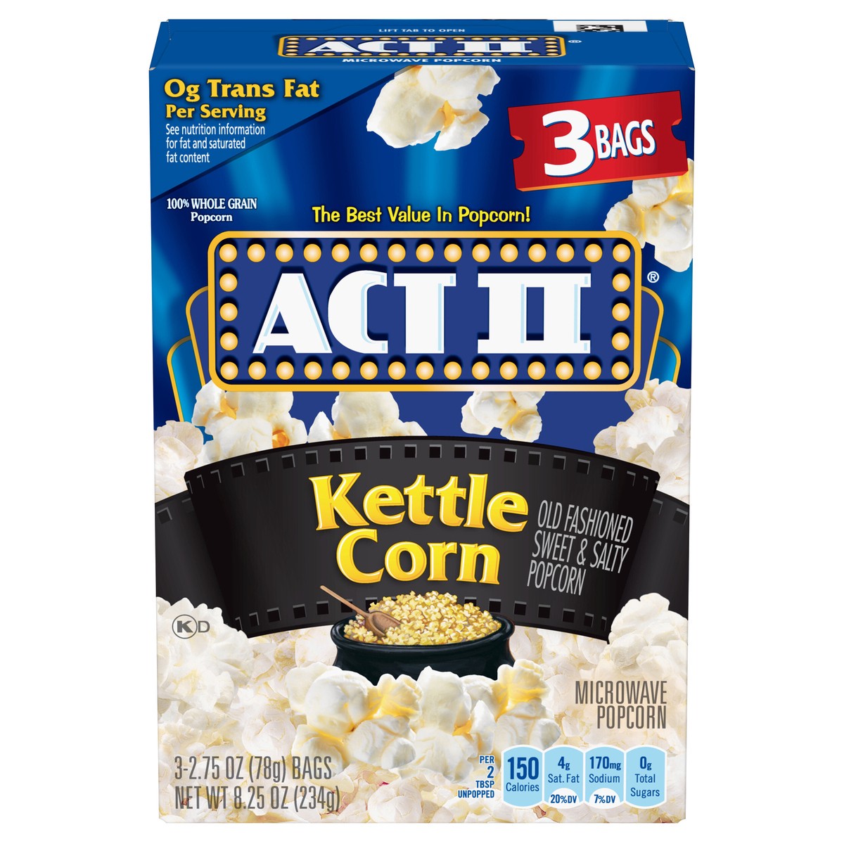 slide 1 of 5, ACT II Kettle Corn Microwave Popcorn, 3-Count 2.75-oz. Bags, 3 ct