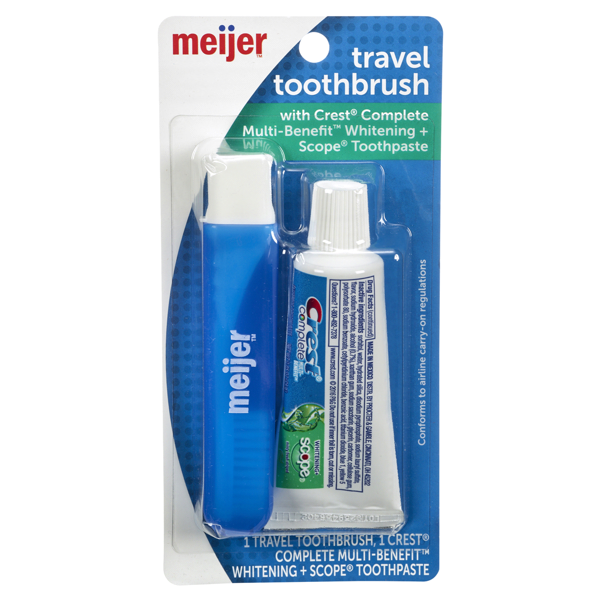 slide 1 of 2, Meijer Travel Toothbrush with Crest Toothpaste with scope, 0.85 oz