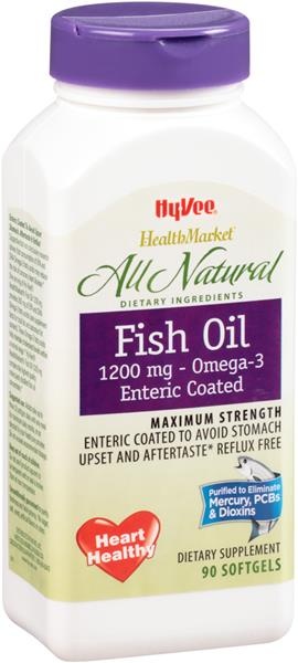 slide 1 of 1, Hy-Vee HealthMarket All Natural Fish Oil Dietary Supplement Enteric Coated Softgels, 90 ct; 1200 mg
