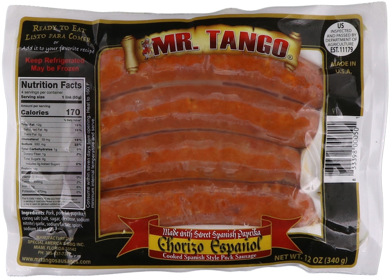 slide 1 of 1, Mr. Tango Cooked Spanish Style Pork Sausage, 12 oz