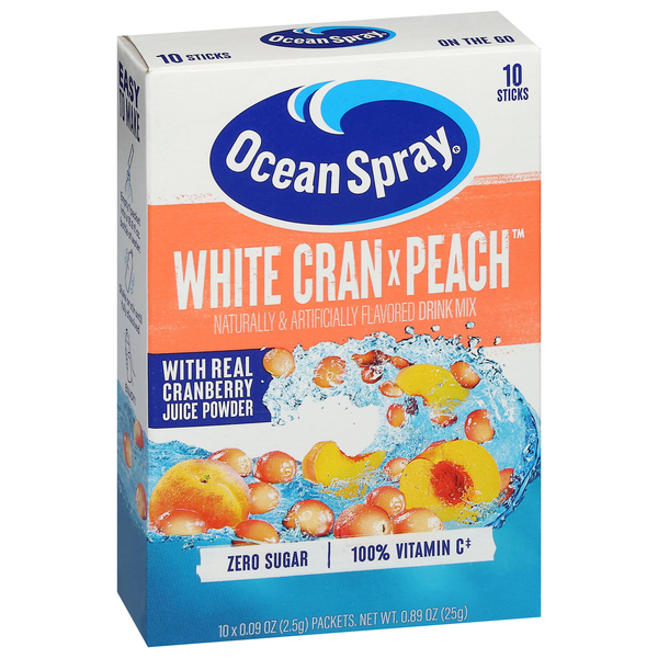 slide 1 of 1, Ocean Spray Drink Mix, Zero Sugar, White Cran X Peach, 10-0.09 Oz Packets, 0.89 oz