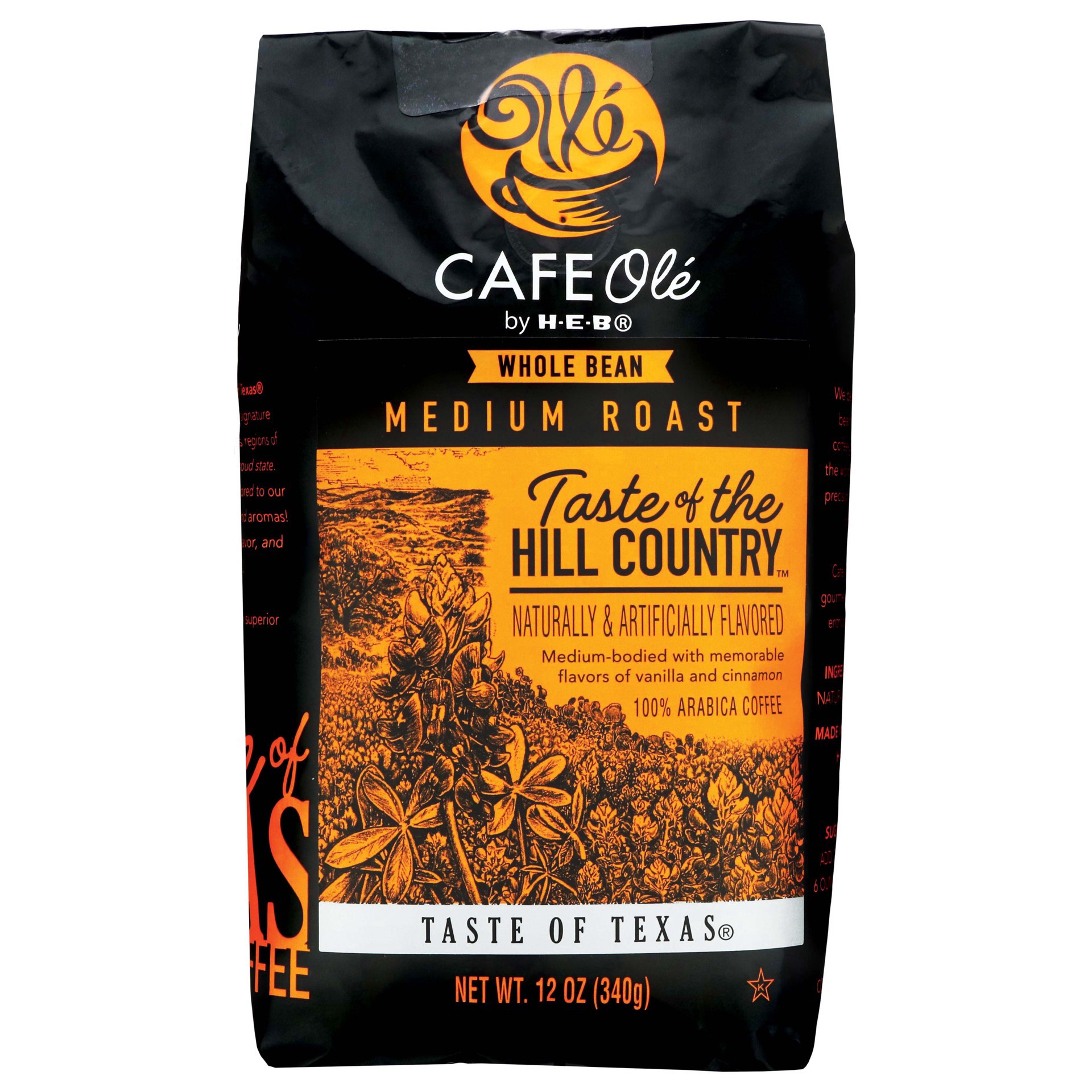 slide 1 of 1, H-E-B Cafe Ole Whole Bean Taste of The Hill Country Medium Roast Coffee - 12 oz, 12 oz
