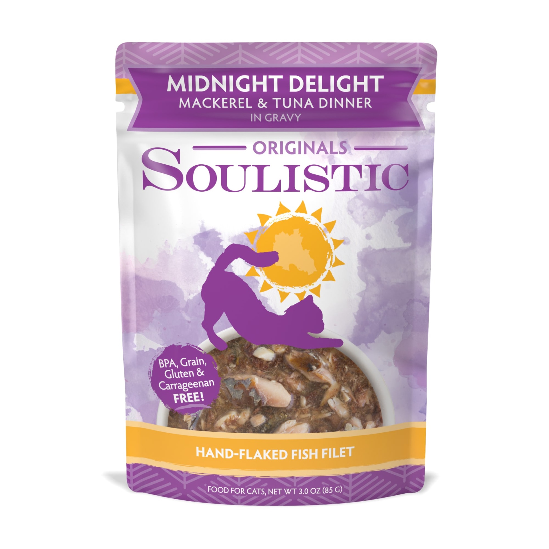 slide 1 of 1, Soulistic Midnight Delight Mackerel & Tuna Dinner in Gravy Adult Cat Food Pouches, 3 oz