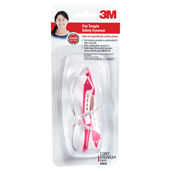slide 1 of 2, 3M Flat Temple Safety Eyewear, White/Pink Frame, Clear/Scratch Resistant Lens, 1 ct