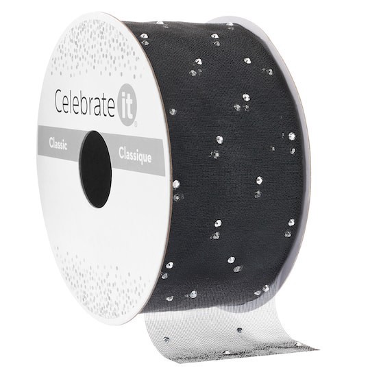slide 1 of 2, 1.5" X 3yd. Black & Silver Dotted Ribbon By Celebrate It, 1.5 in x 3 yd