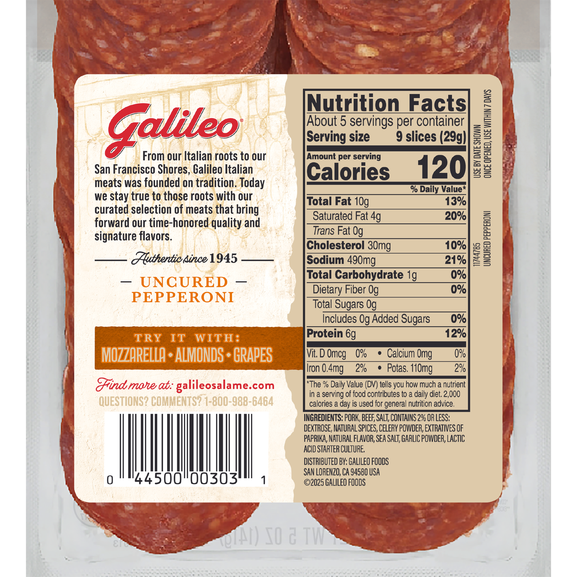 slide 3 of 5, Galileo All Natural Uncured Pepperoni, 5 oz, 141.75 g