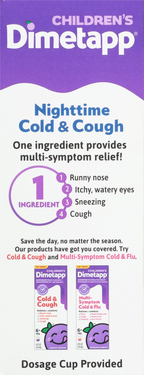 slide 6 of 11, Dimetapp Cold & Cough, Grape Flavor, 6+ Yrs, Children's, Nighttime, 4 fl oz