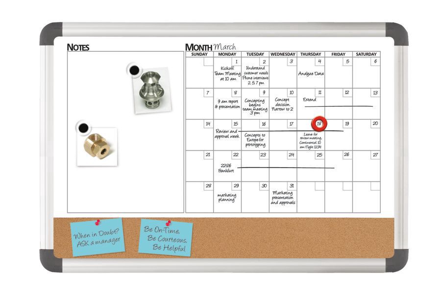slide 3 of 3, FORAY 3-In-1 Monthly Planner Cork Magnetic Dry-Erase Board Aluminum Frame, 18 in x 24 in