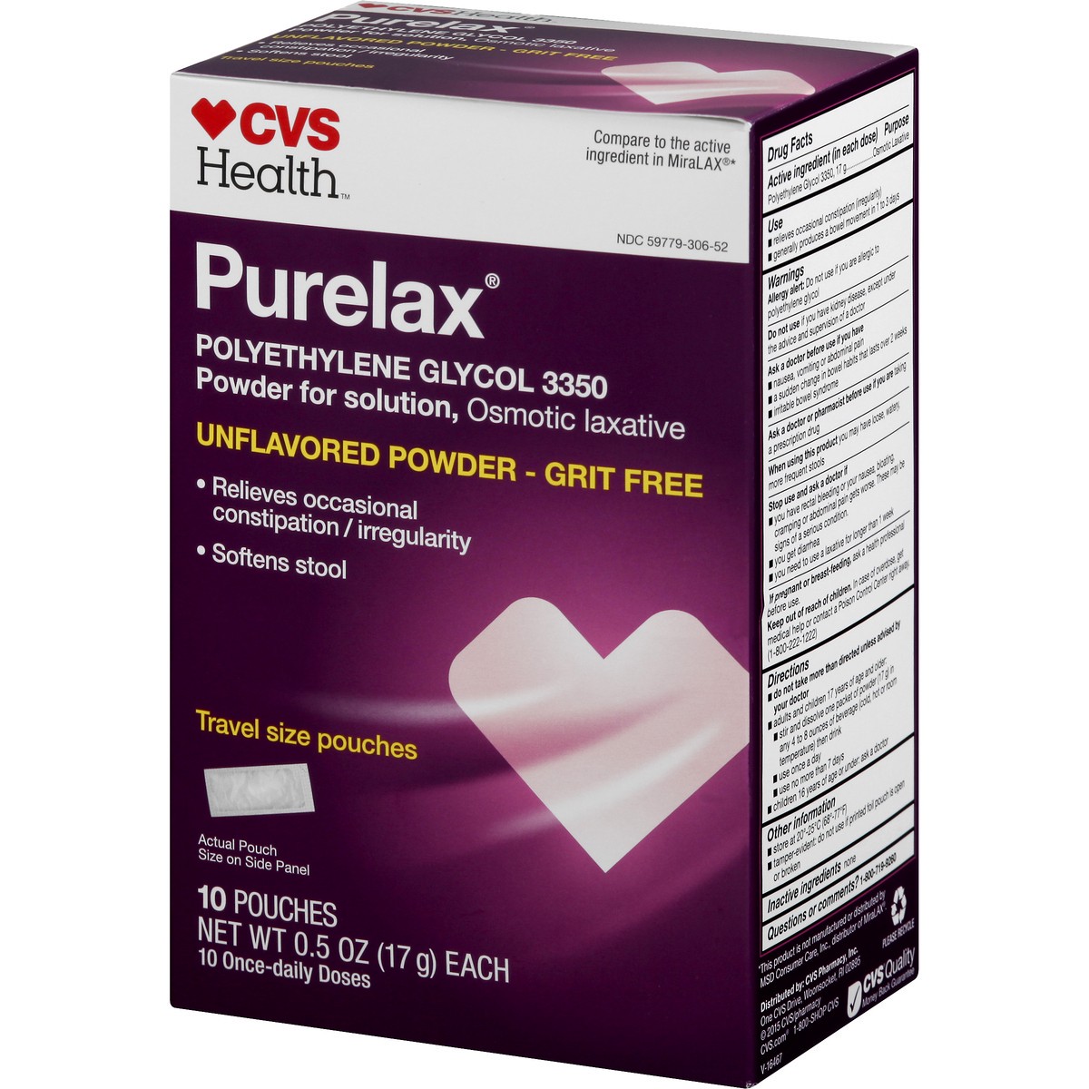 slide 2 of 11, CVS Health Purelax Polyethylene Glycol 3350 Powder For Solution, Osmotic Laxative, Unflavored, 10 Ct, 10 ct