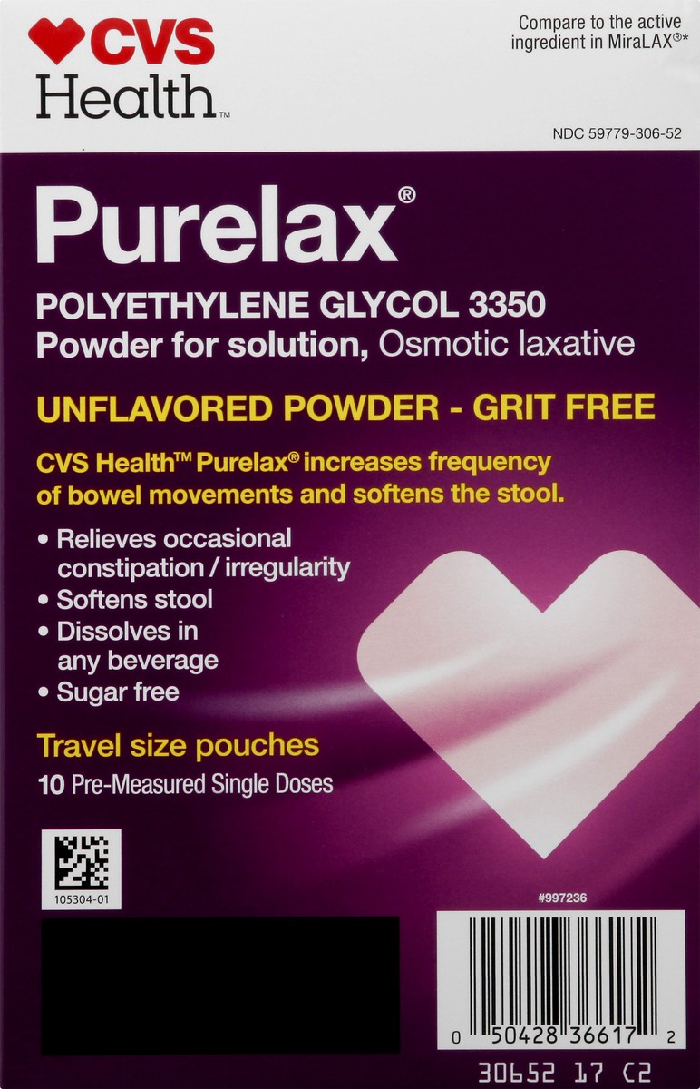 slide 3 of 11, CVS Health Purelax Polyethylene Glycol 3350 Powder For Solution, Osmotic Laxative, Unflavored, 10 Ct, 10 ct