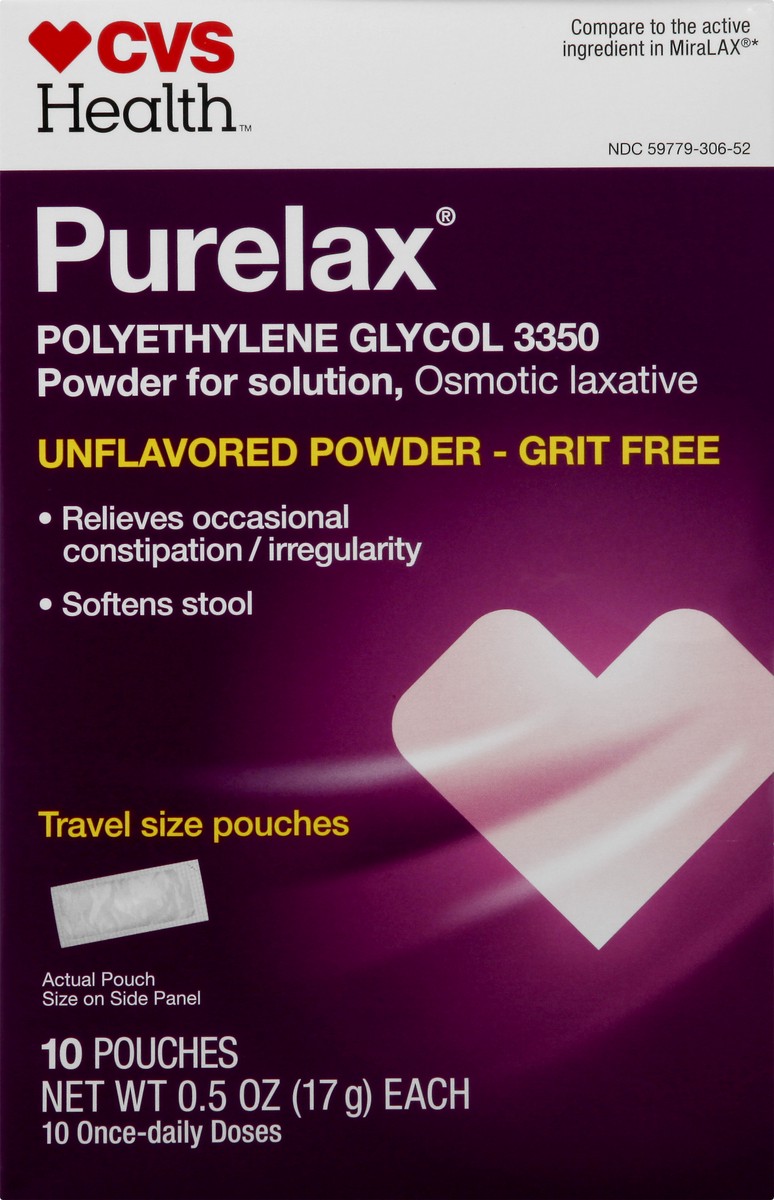 slide 4 of 11, CVS Health Purelax Polyethylene Glycol 3350 Powder For Solution, Osmotic Laxative, Unflavored, 10 Ct, 10 ct