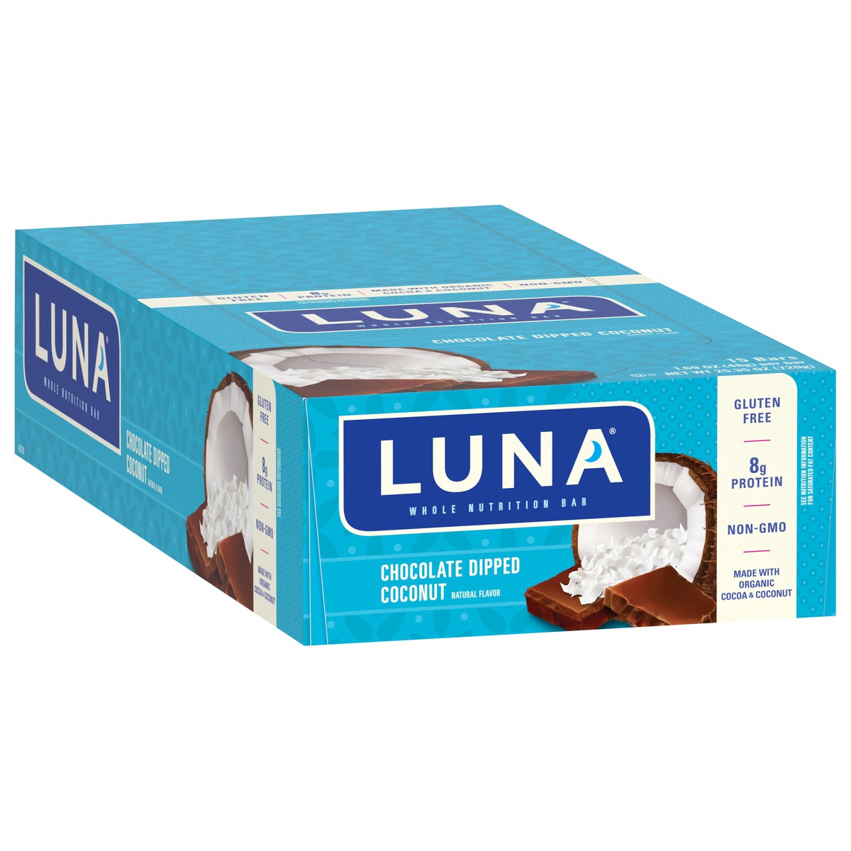 slide 2 of 9, LUNA Bar - Chocolate Dipped Coconut Flavor - Gluten-Free - Non-GMO - 7-9g Protein - Made with Organic Oats - Low Glycemic - Whole Nutrition Snack Bars - 1.69 oz. (15 Count), 25.35 oz