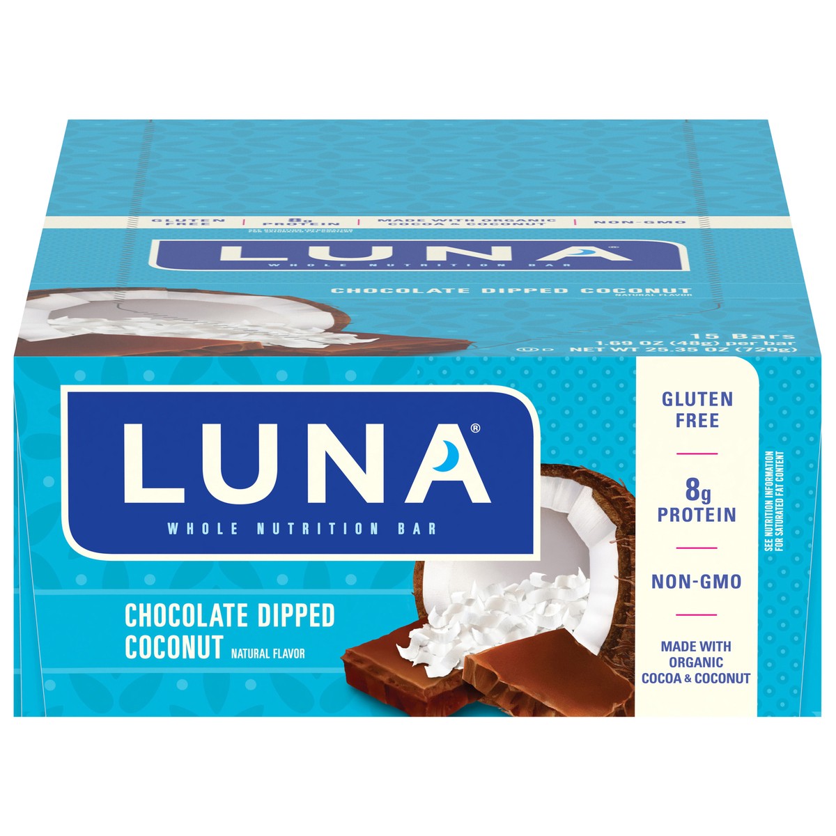slide 1 of 9, LUNA Bar - Chocolate Dipped Coconut Flavor - Gluten-Free - Non-GMO - 7-9g Protein - Made with Organic Oats - Low Glycemic - Whole Nutrition Snack Bars - 1.69 oz. (15 Count), 25.35 oz