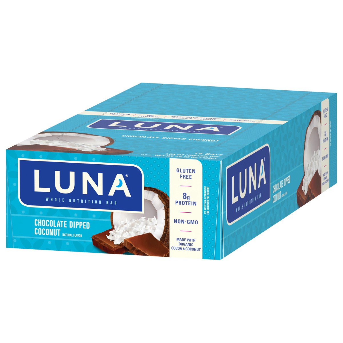 slide 3 of 9, LUNA Bar - Chocolate Dipped Coconut Flavor - Gluten-Free - Non-GMO - 7-9g Protein - Made with Organic Oats - Low Glycemic - Whole Nutrition Snack Bars - 1.69 oz. (15 Count), 25.35 oz