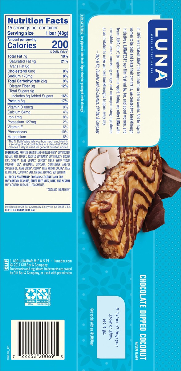 slide 4 of 9, LUNA Bar - Chocolate Dipped Coconut Flavor - Gluten-Free - Non-GMO - 7-9g Protein - Made with Organic Oats - Low Glycemic - Whole Nutrition Snack Bars - 1.69 oz. (15 Count), 25.35 oz