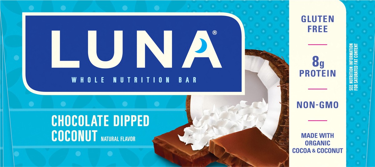 slide 6 of 9, LUNA Bar - Chocolate Dipped Coconut Flavor - Gluten-Free - Non-GMO - 7-9g Protein - Made with Organic Oats - Low Glycemic - Whole Nutrition Snack Bars - 1.69 oz. (15 Count), 25.35 oz