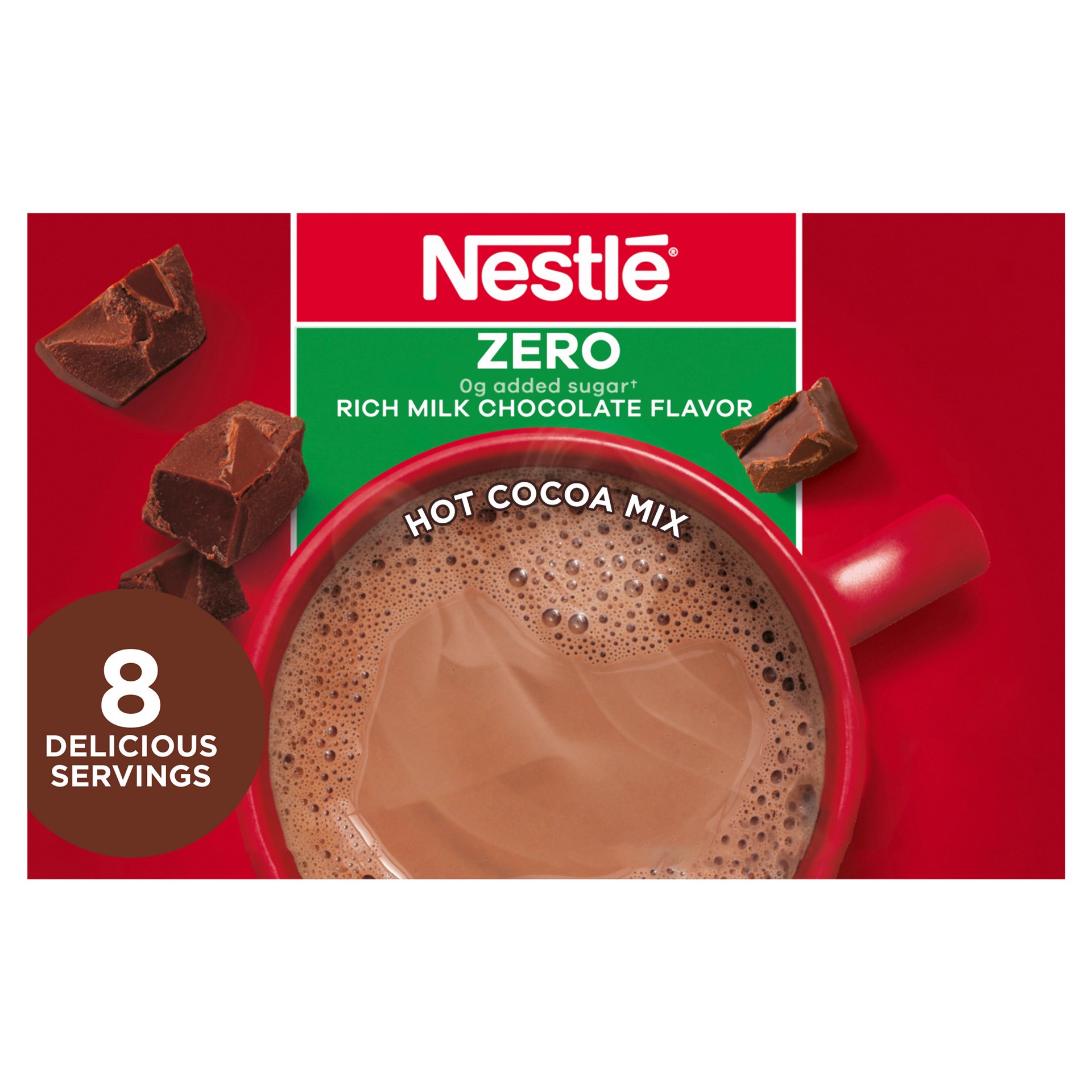 slide 1 of 10, Nestle Hot Cocoa Zero, 0g Added Sugar Rich Milk Chocolate Flavored Mix Powder for Hot Chocolate, Envelopes, 8 Count, 8 ct