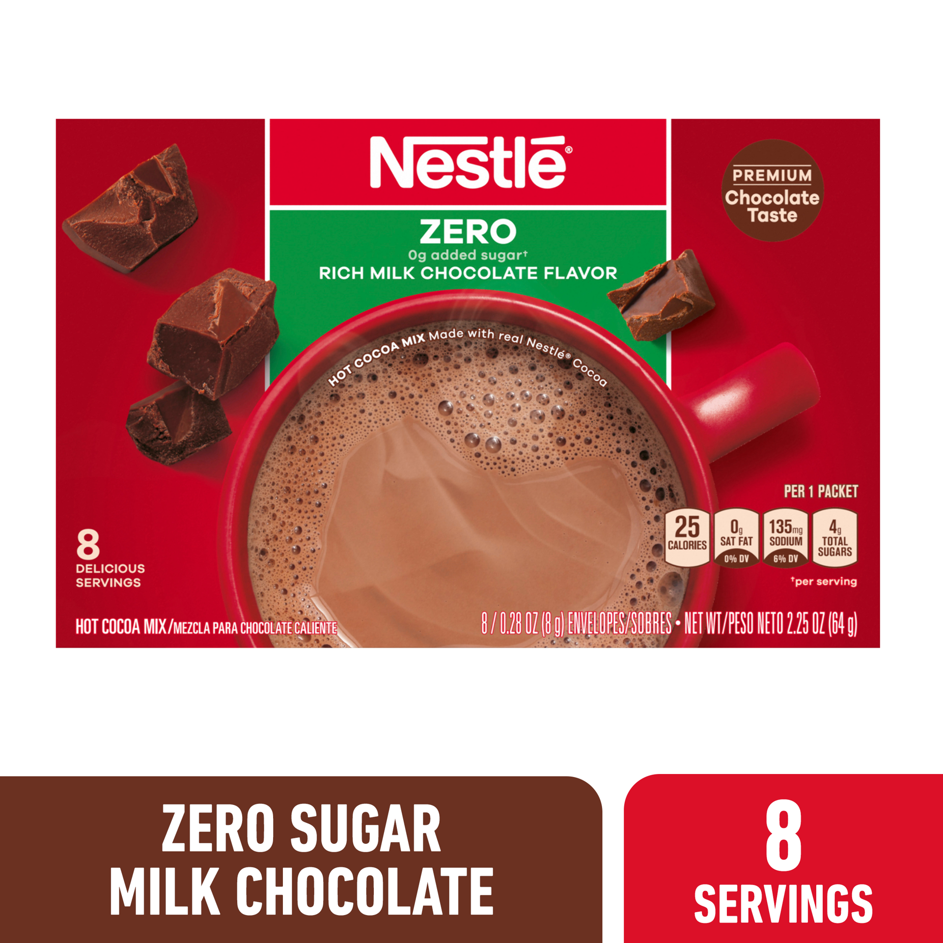 slide 1 of 10, Nestle Hot Cocoa Zero, 0g Added Sugar Rich Milk Chocolate Flavored Mix Powder for Hot Chocolate, Envelopes, 8 Count - 8 ct, 8 ct