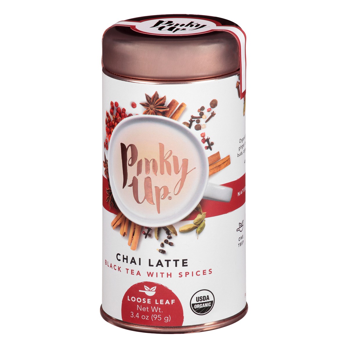 slide 7 of 12, Pinky Up Chai Latte Loose Leaf Tea | Whole Leaf Organic Black Tea, 40-60mg Caffeine Per Serving, Naturally Calorie Free & Gluten Free | 2.5 Ounce Tin, 25 Servings, 1 ct