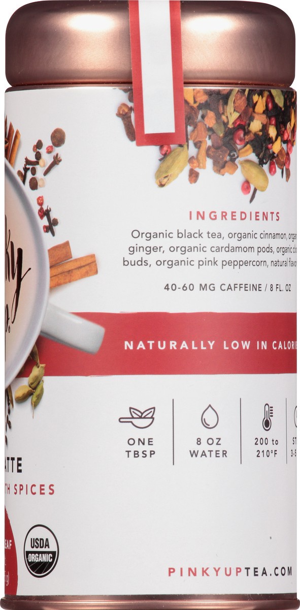 slide 10 of 12, Pinky Up Chai Latte Loose Leaf Tea | Whole Leaf Organic Black Tea, 40-60mg Caffeine Per Serving, Naturally Calorie Free & Gluten Free | 2.5 Ounce Tin, 25 Servings, 1 ct