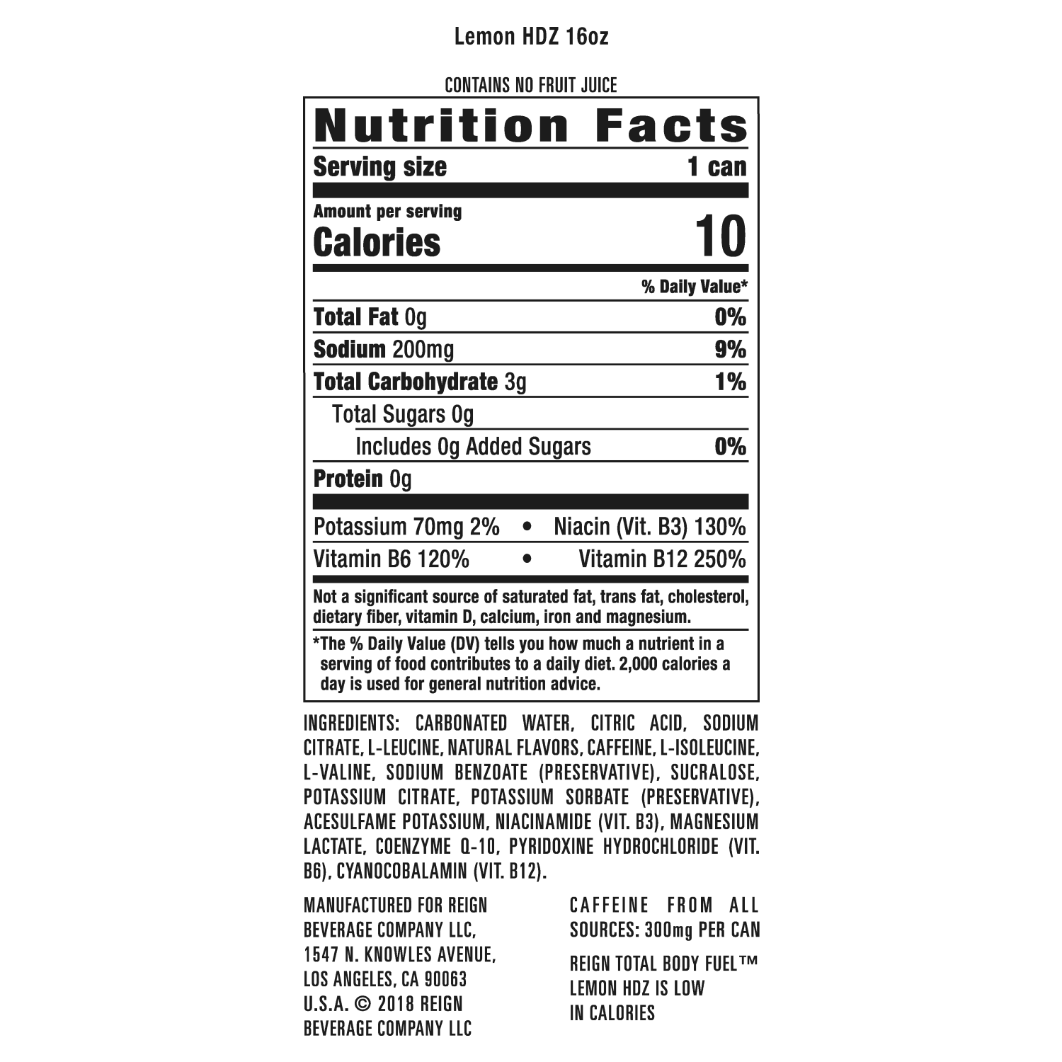 slide 2 of 2, Reign Blended with BCAAs, Natural Caffeine, CoQ10, and electrolytes, Reign™ Total Body Fuel is designed for your active lifestyle. Offering zero sugar, 10 calories, and zero artificial flavors & colors, Reign is the ultimate fitness-focused beverage to support your high-performance needs. REIGN™ Total Body Fuel provides multiple benefits to help you power through a tough workout. 300 mg of Natural Caffeine provides a pre-workout boost as well as a sustained release of energy throughout your workout. BCAAs may help muscles recover post workout. CoQ10 may increase power during exercise. B Vitamins may reduce fatigue., 16 oz