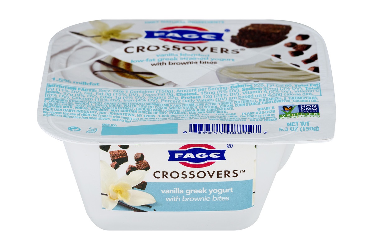 slide 1 of 1, Fage Crossovers Vanilla Blended Low-Fat Greek Strained Yogurt With Brownie Bites, 5.3 oz