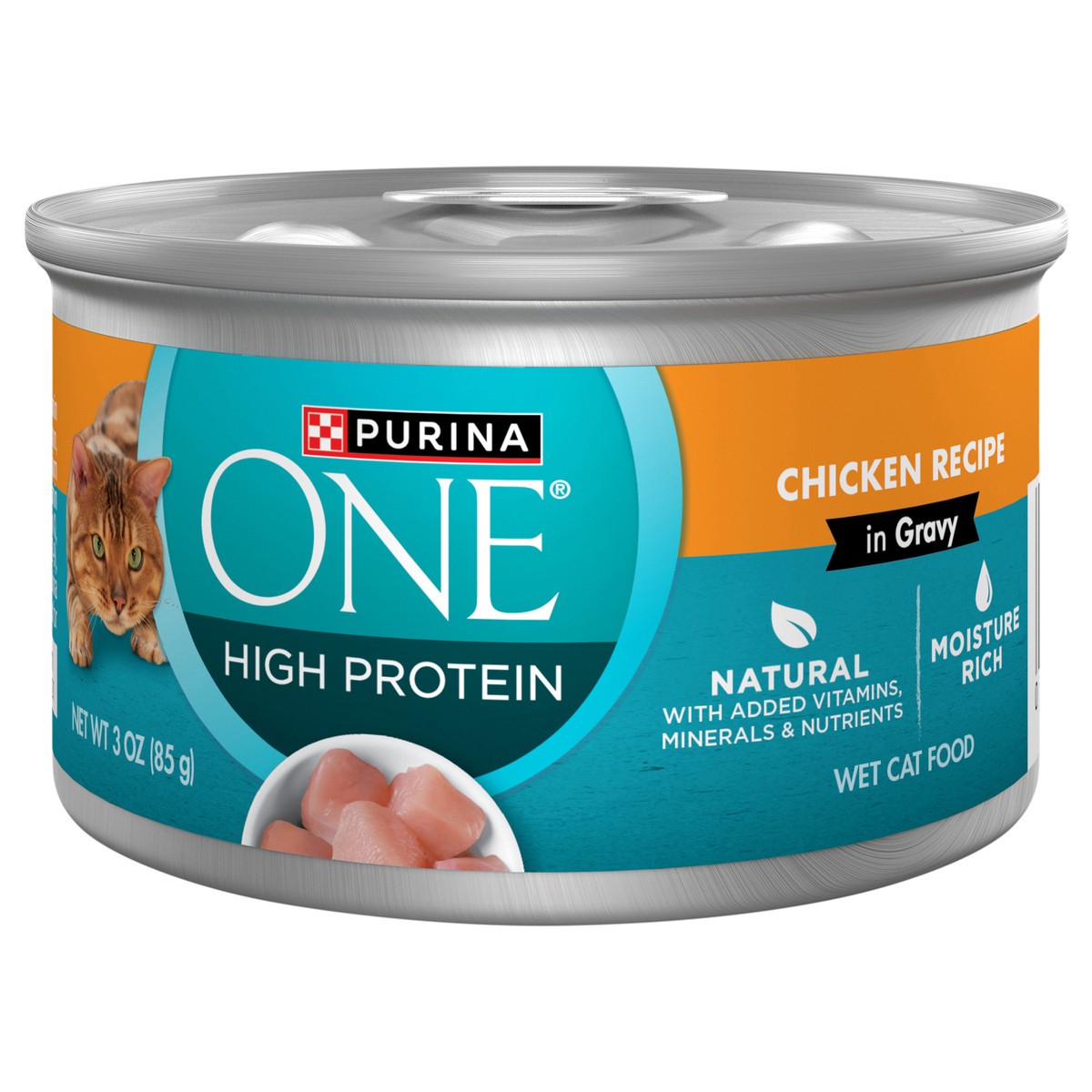 slide 1 of 7, Purina ONE Natural High Protein Cat Food, Chicken Recipe in Wet Cat Food Gravy - 3 oz. Pull-Top Can, 3 oz