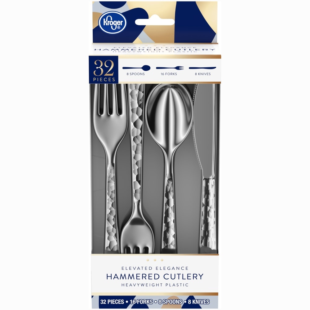 slide 1 of 1, Kroger Elevated Elegance Heavyweight Plastic Hammered Cutlery Set Silver, 32 ct