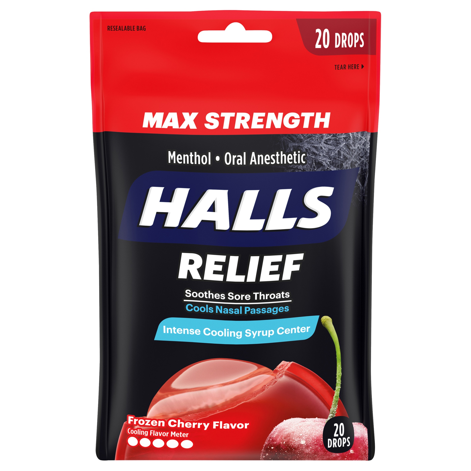 slide 1 of 5, Halls Relief Max Strength Frozen Cherry Flavor  Oral Anesthetic Drops 20 ct Bag, 20 ct