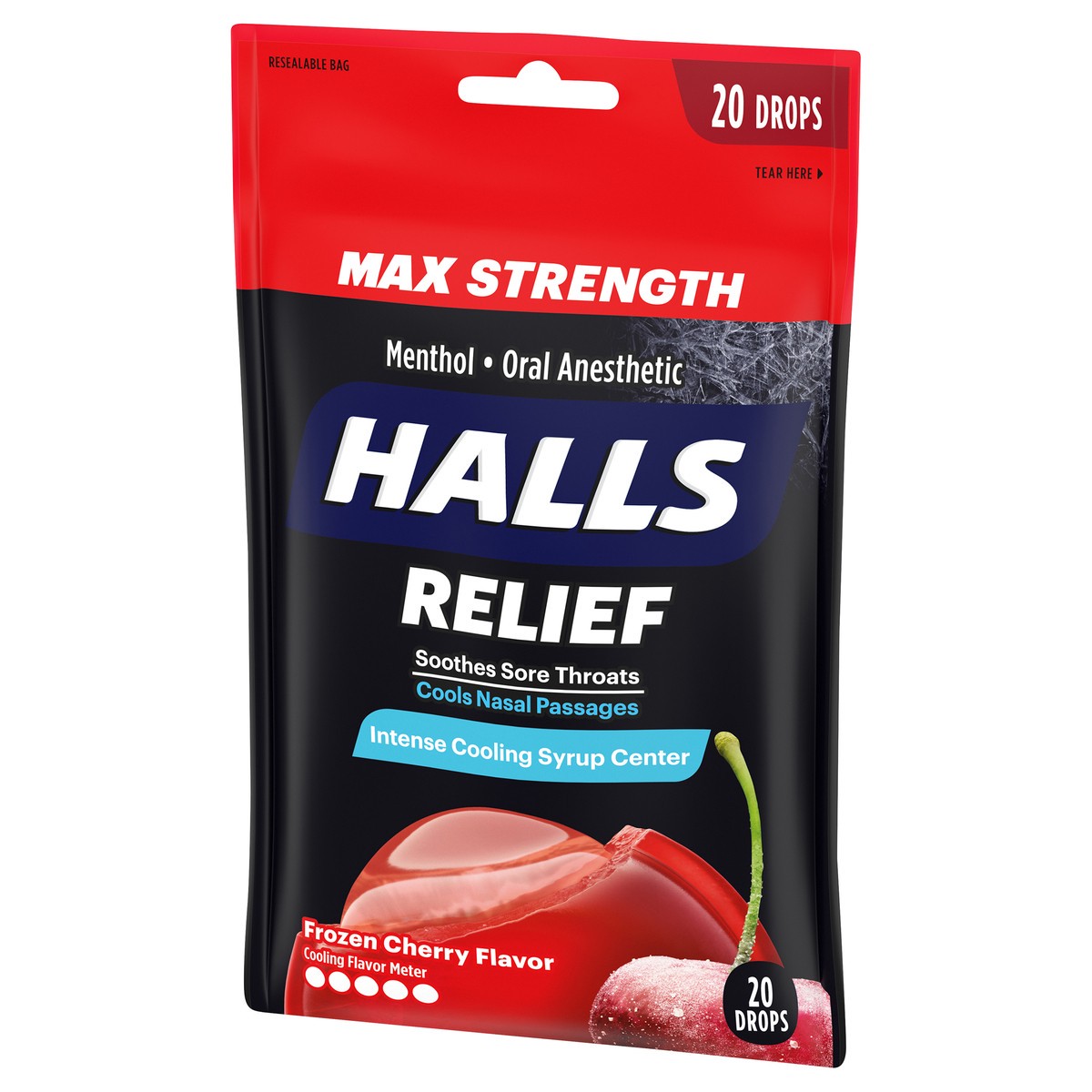 slide 3 of 12, HALLS Relief Max Strength Frozen Cherry Cough Drops, 20 Drops, 2.54 oz