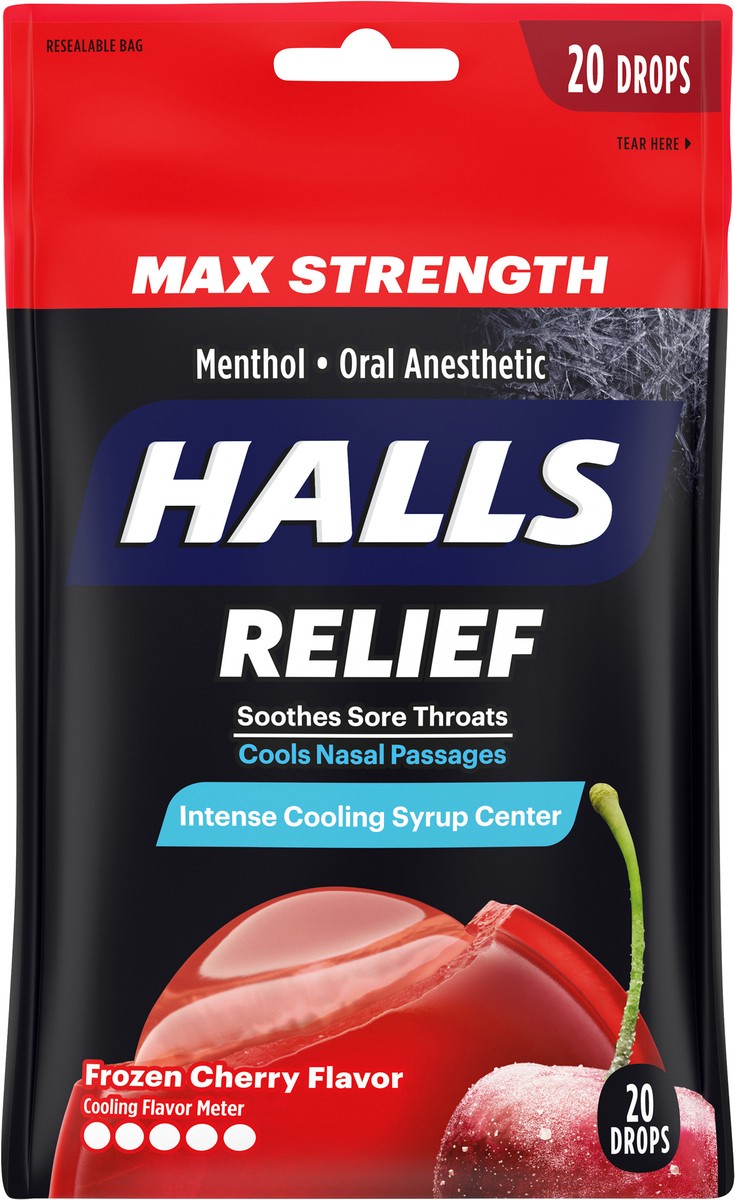 slide 12 of 12, HALLS Relief Max Strength Frozen Cherry Cough Drops, 20 Drops, 2.54 oz