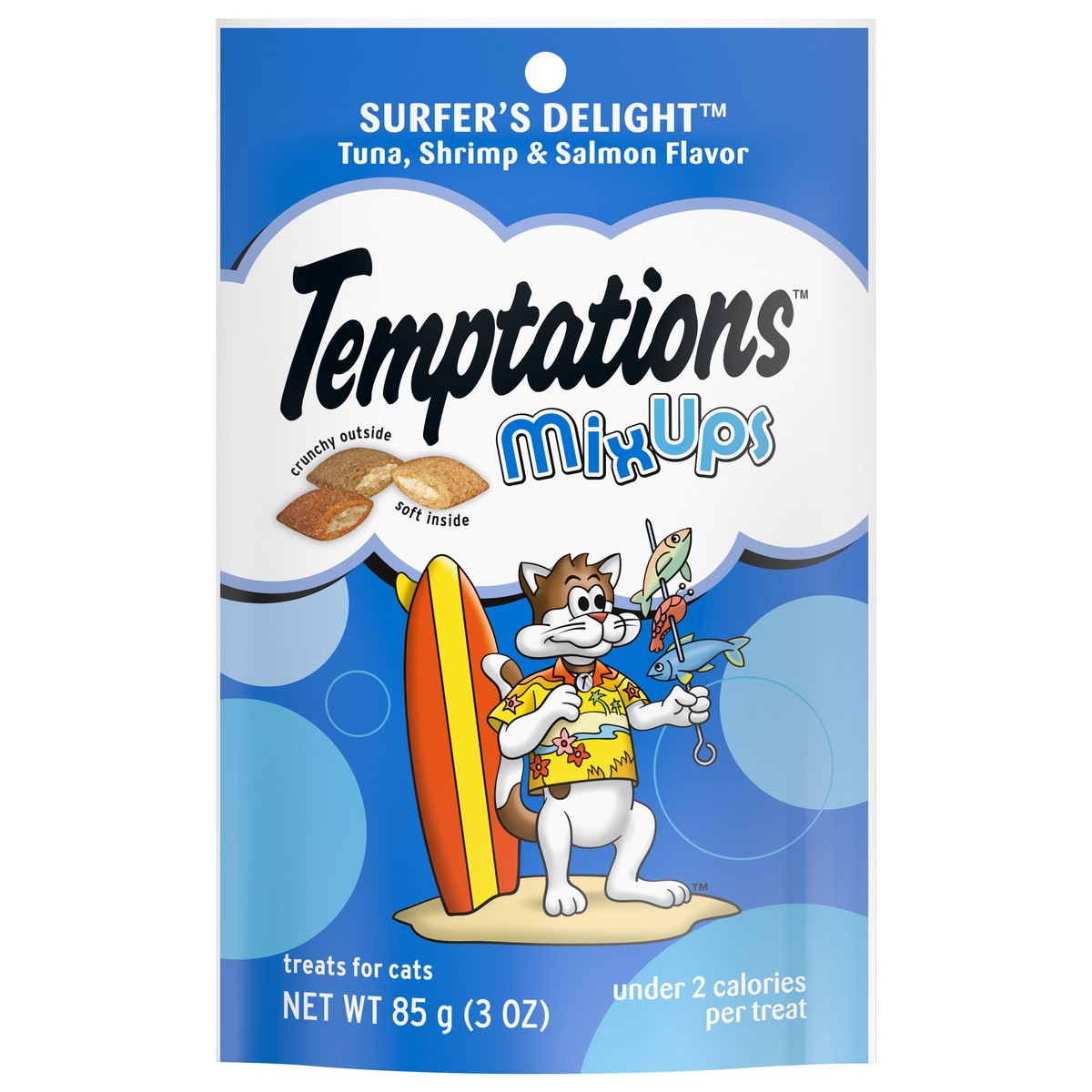 slide 1 of 9, Temptations Surfer's Delight Mix Ups Tuna, Shrimp & Salmon Flavor Cat Treats 3 oz, 3 oz
