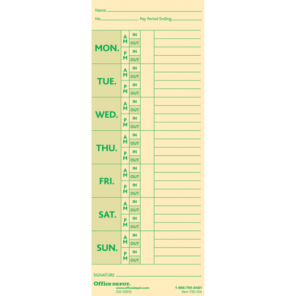 slide 1 of 2, Office Depot Brand Time Cards With Deductions, Weekly, Monday-Sunday Format, 2-Sided, 3 3/8'' X 8 7/8'', Manila, Pack Of 100, 100 ct