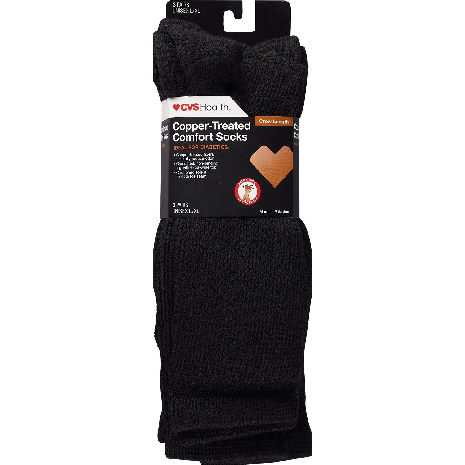 slide 1 of 1, CVS Health Copper-Infused Crew Comfort Socks Unisex, 3 Pairs, Black, L/Xl, 3 ct