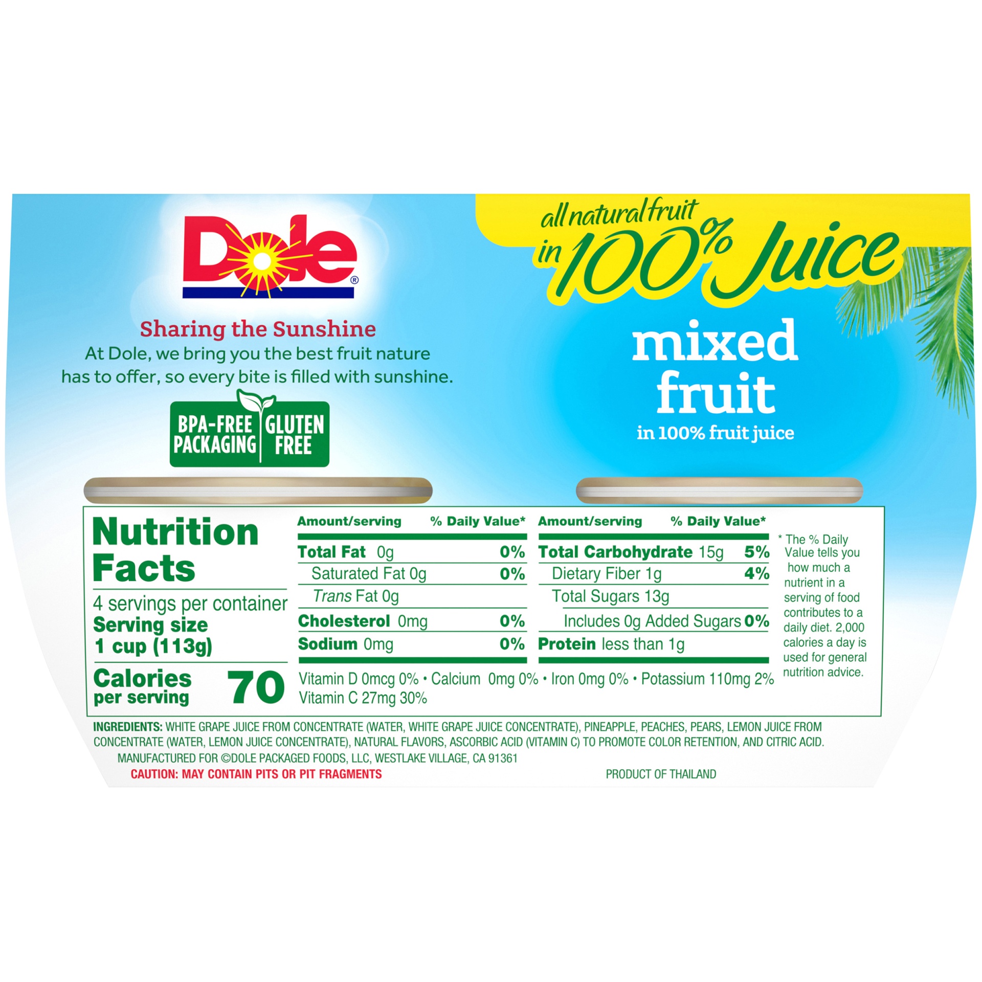 Dole Fruit Bowls Mixed Fruit 4 ct; 16 oz Shipt
