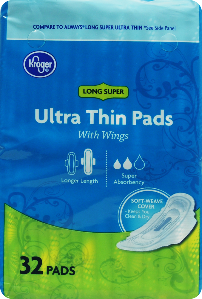 slide 1 of 1, Kroger Ultra Thin Super Long with Wings Pads, 32 ct