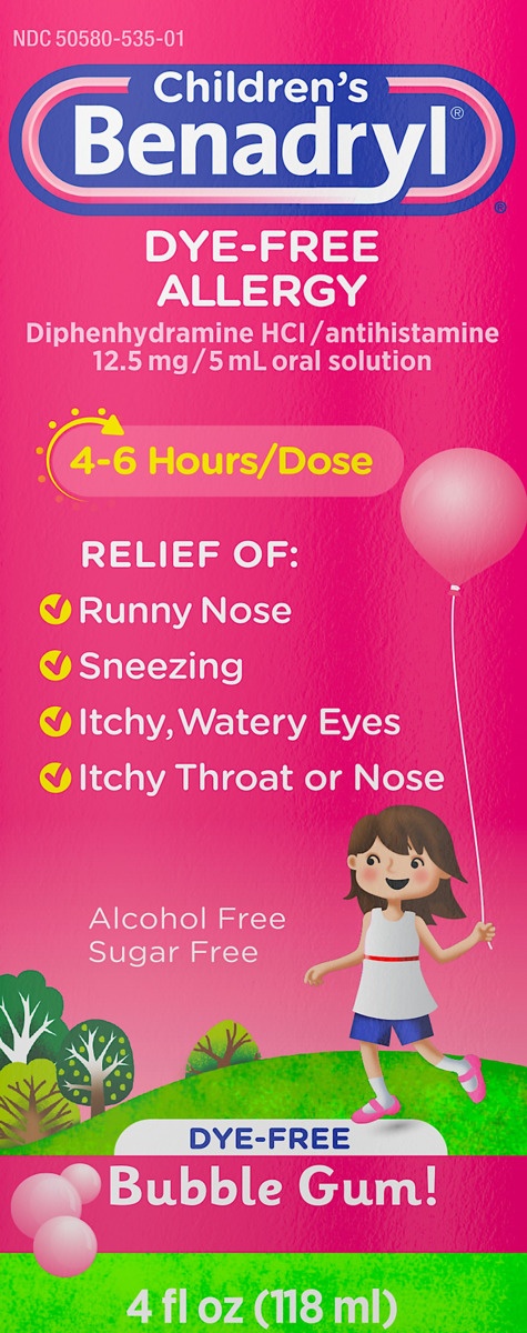 slide 4 of 5, Benadryl Dye-Free Allergy Relief Liquid Medicine with Diphenhydramine HCl, Antihistamine Allergy Medicine for Kids, Dye-Free, Alcohol-Free, Bubble Gum Flavor, 4 oz