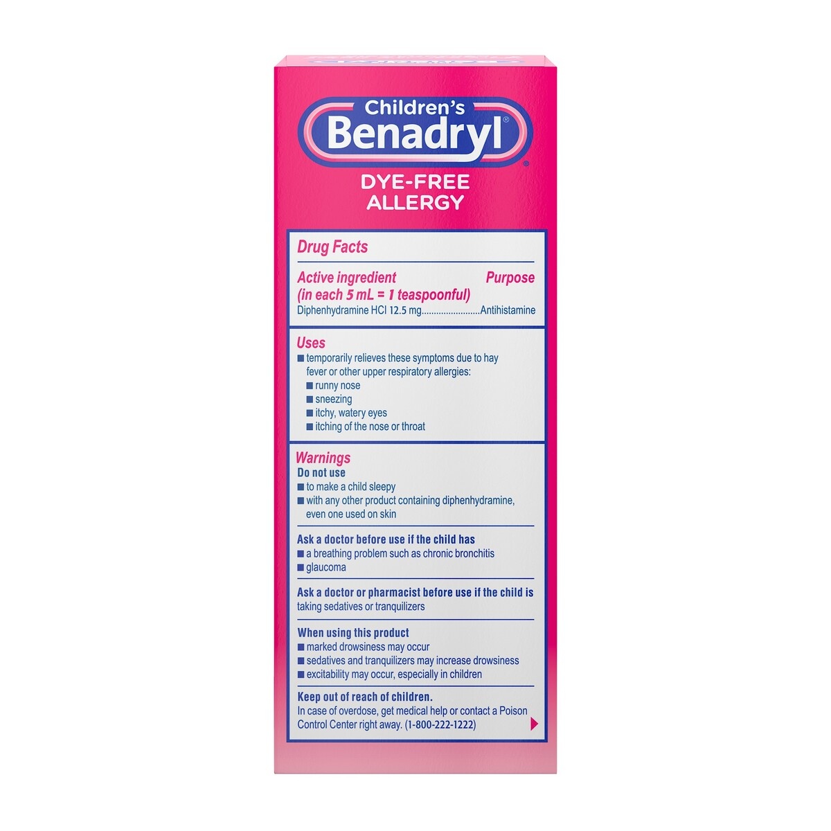 slide 5 of 5, Benadryl Dye-Free Allergy Relief Liquid Medicine with Diphenhydramine HCl, Antihistamine Allergy Medicine for Kids, Dye-Free, Alcohol-Free, Bubble Gum Flavor, 4 oz