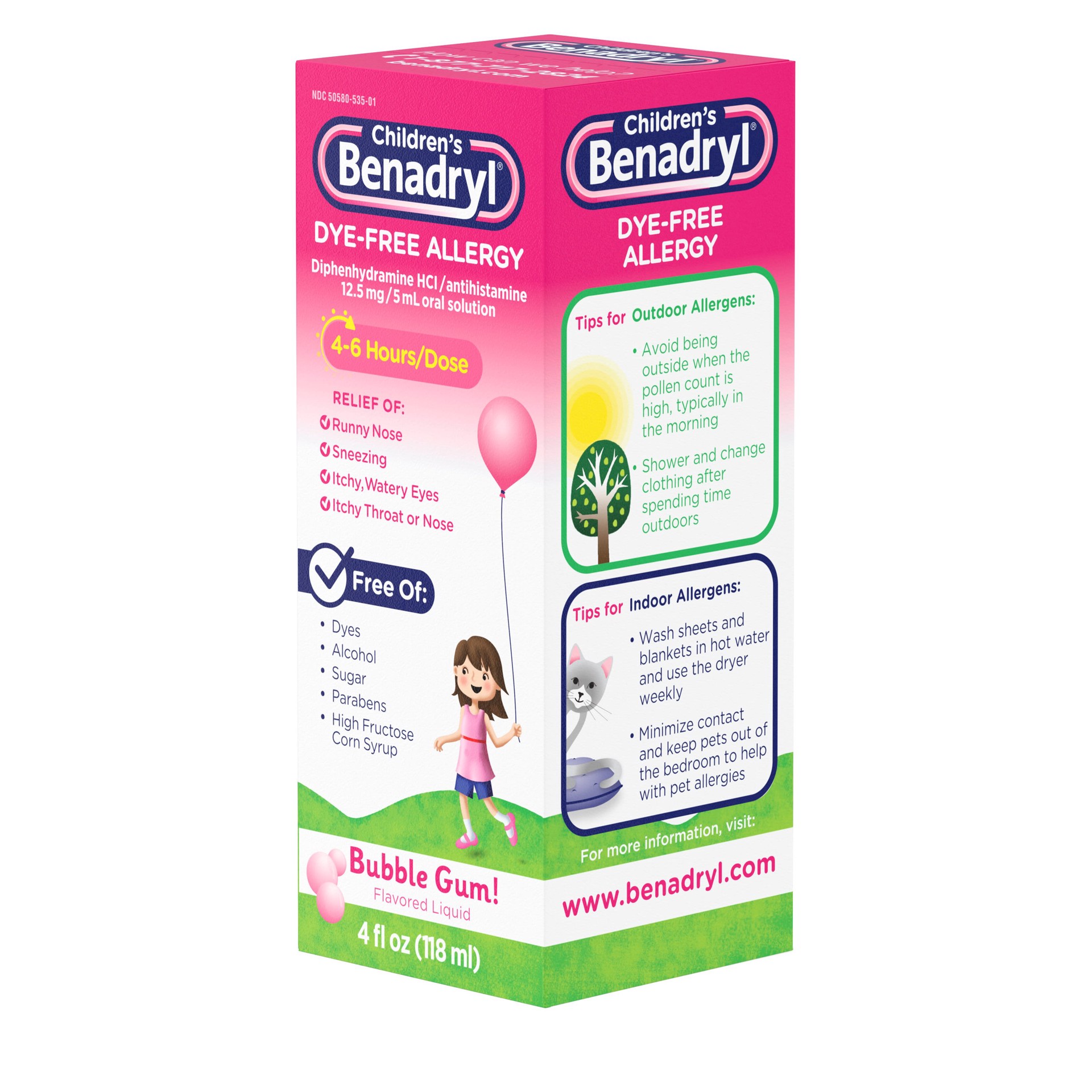 slide 8 of 9, Benadryl Children's Benadryl Dye-Free Allergy Liquid, Bubble Gum-Flavored, 4 Fl. Oz, 4 oz